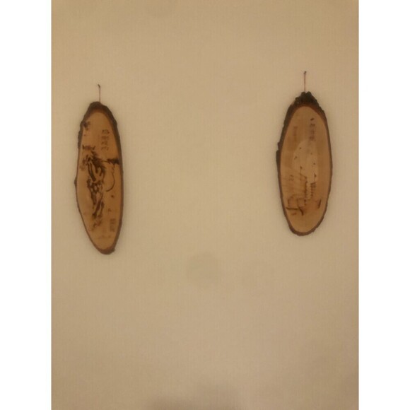 2X Vintage Chinese Feng Shui Pyrography Wood Slab Burning Oval Plaque Signed New - Picture 1 of 8